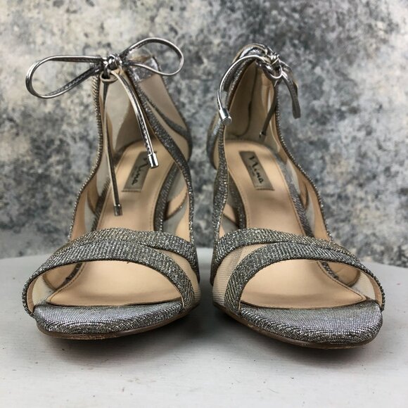 Nina Women's 9.5M Cherie Steel Silver Gold Open Toe High Heel Evening Sandals - Picture 3 of 13